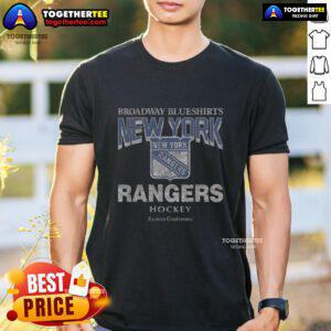 Alt Text: Awesome New York Rangers head-on t-shirt showcasing bold team logo and vibrant colors, perfect for fans.