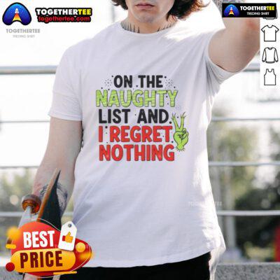 Alt Text: Awesome On The Naughty List And I Regret Nothing T-Shirt featuring bold text design for holiday fun.