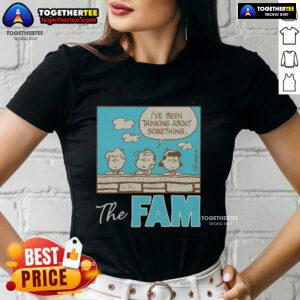 Alt Text: Awesome Peanuts ladies tee featuring 'The Fam I've Been Thinking About Something' design in vibrant colors.