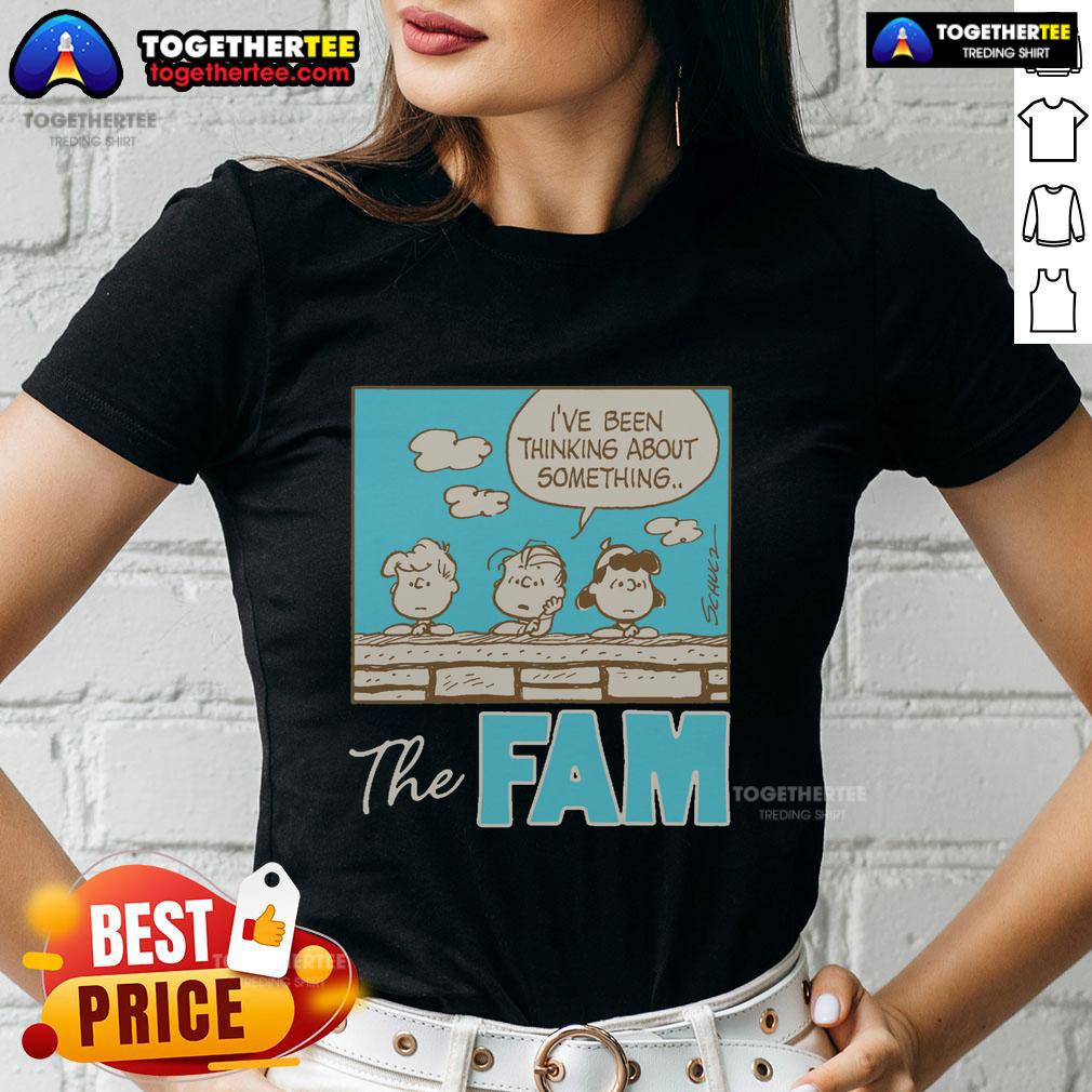 Alt Text: Awesome Peanuts ladies tee featuring 'The Fam I've Been Thinking About Something' design in vibrant colors.