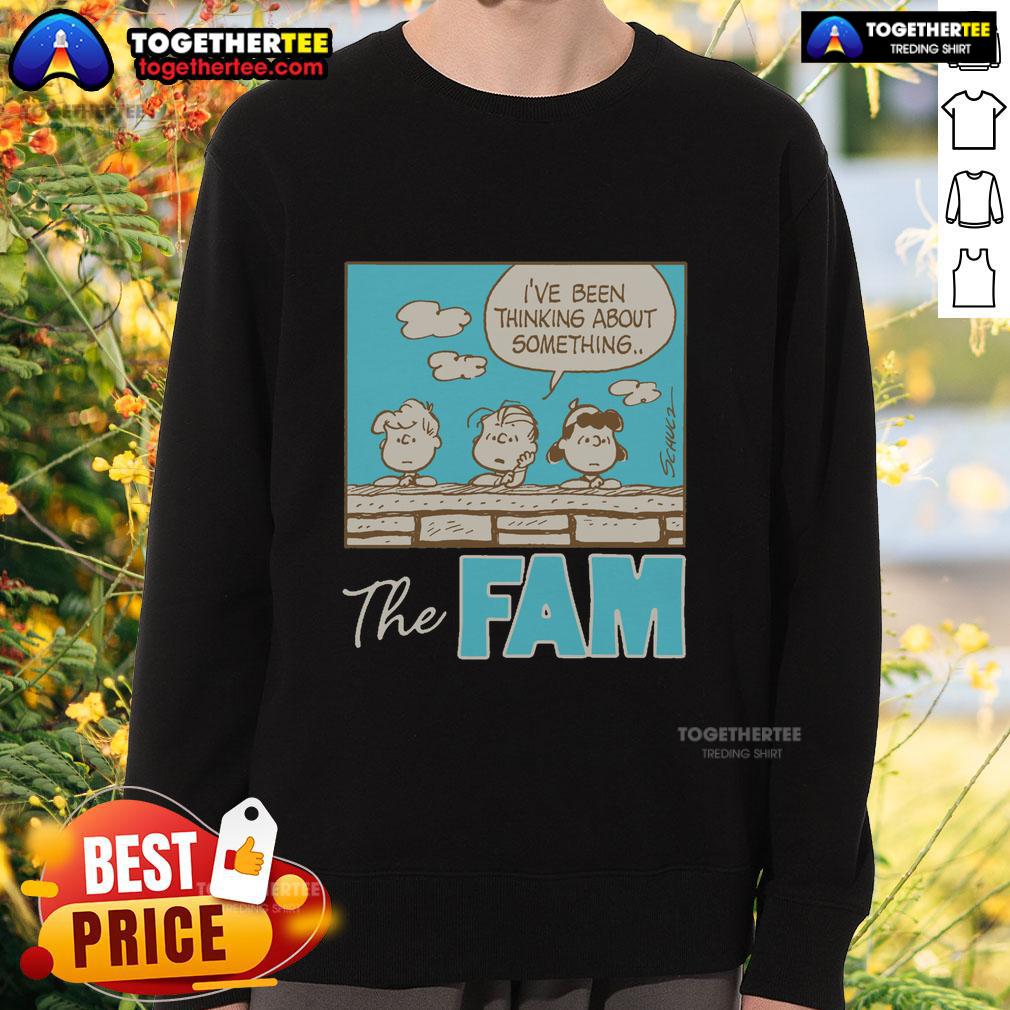 Awesome Peanuts The Fam I've Been Thinking About Something sweatshirt featuring colorful cartoon graphics and cozy design.