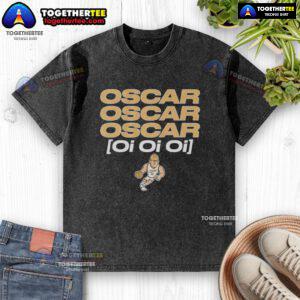 Alt Text: Awesome Purdue Boilermakers basketball Oscar Cluff Oi Oi Oi washed t-shirt displayed on a hanger.