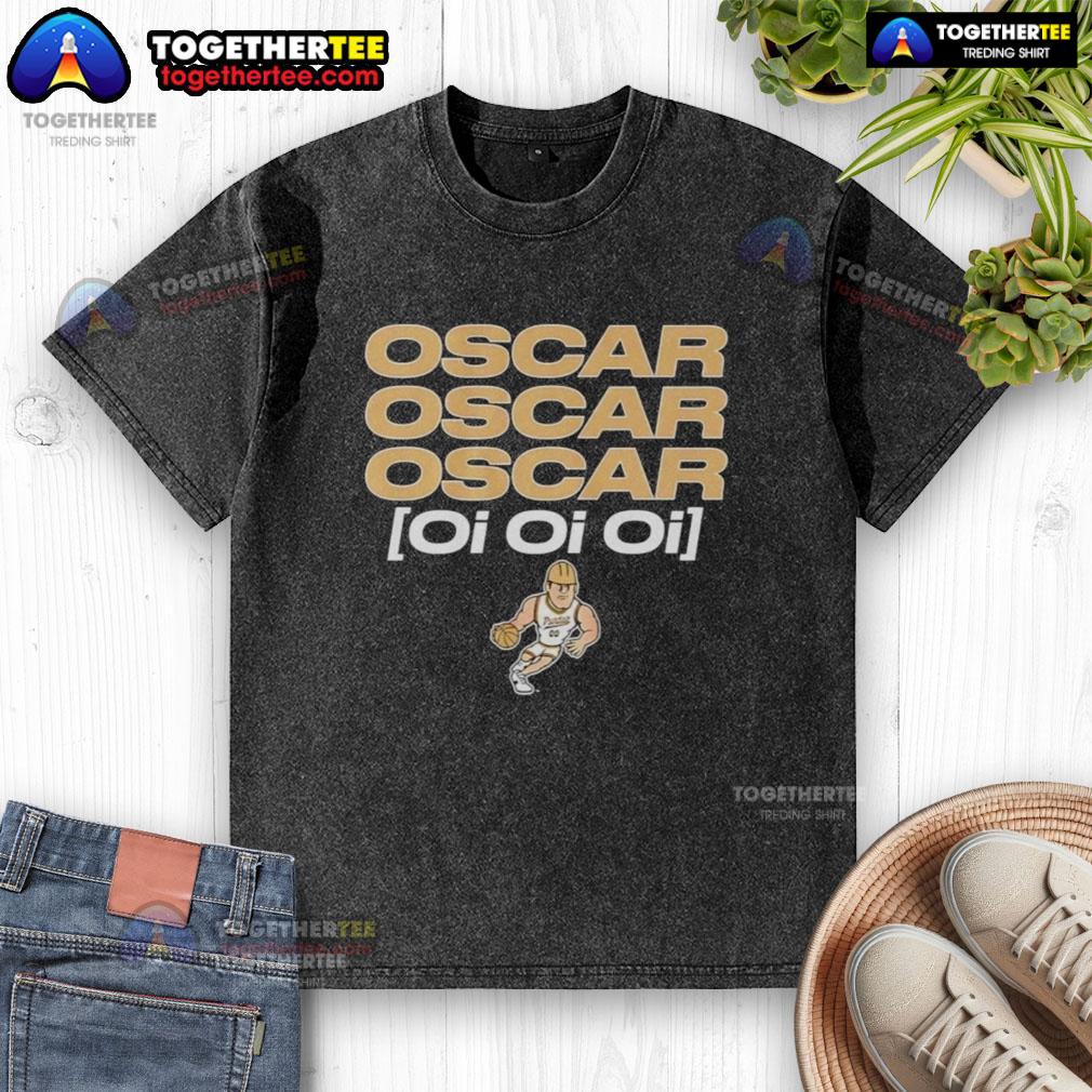 Alt Text: Awesome Purdue Boilermakers basketball Oscar Cluff Oi Oi Oi washed t-shirt displayed on a hanger.
