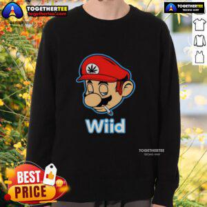 Alt Text: Awesome Wiid Super Mario Smoking Weed Sweatshirt featuring a colorful Mario graphic with a cannabis theme.