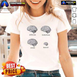 Alt Text: Funny Brains African European Asian Racist Ladies Tee featuring humorous graphic design for casual wear.