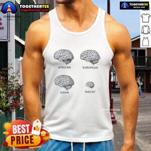 Funny brains tank top showcasing African, European, and Asian designs with a humorous twist on racism.