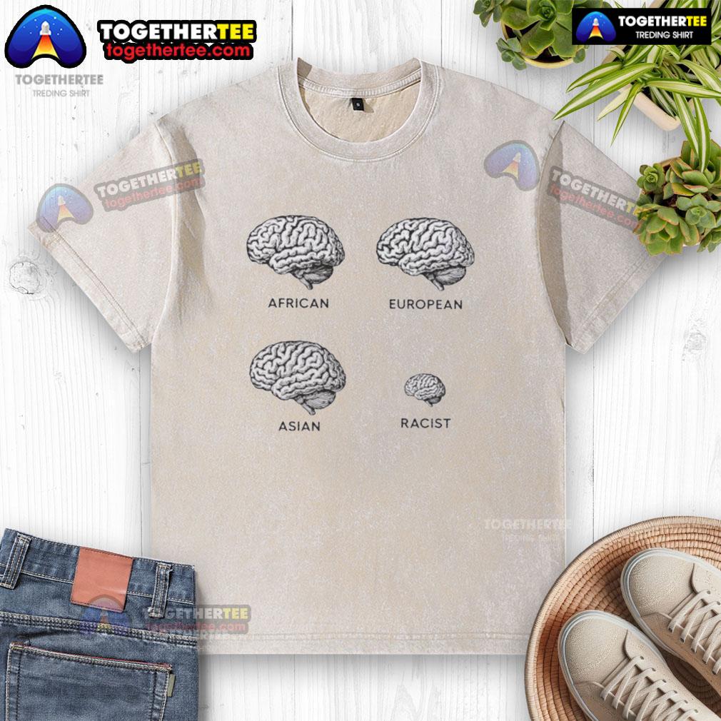Alt Text: Funny Brains graphic on a washed T-shirt featuring African, European, and Asian designs, promoting unity and humor.