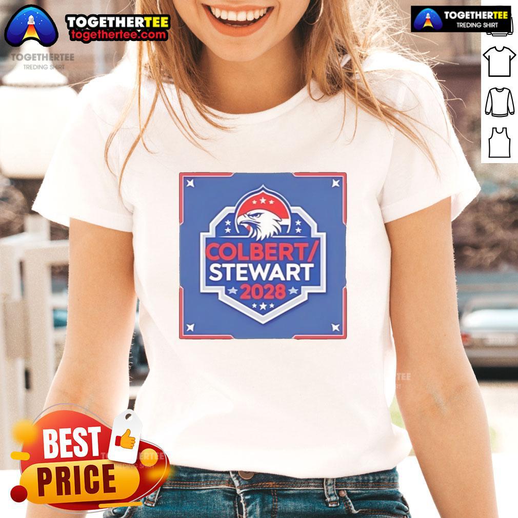 Good Colbert Stewart 2028 Logo Ladies Tee featuring bold graphics and vibrant colors for supporters of the campaign.