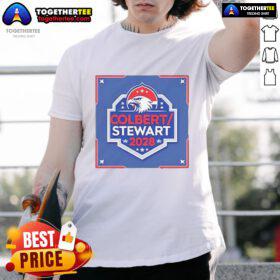 Alt Text: Good Colbert Stewart 2028 Logo T-Shirt featuring a bold design for fans of political humor and campaign merchandise.