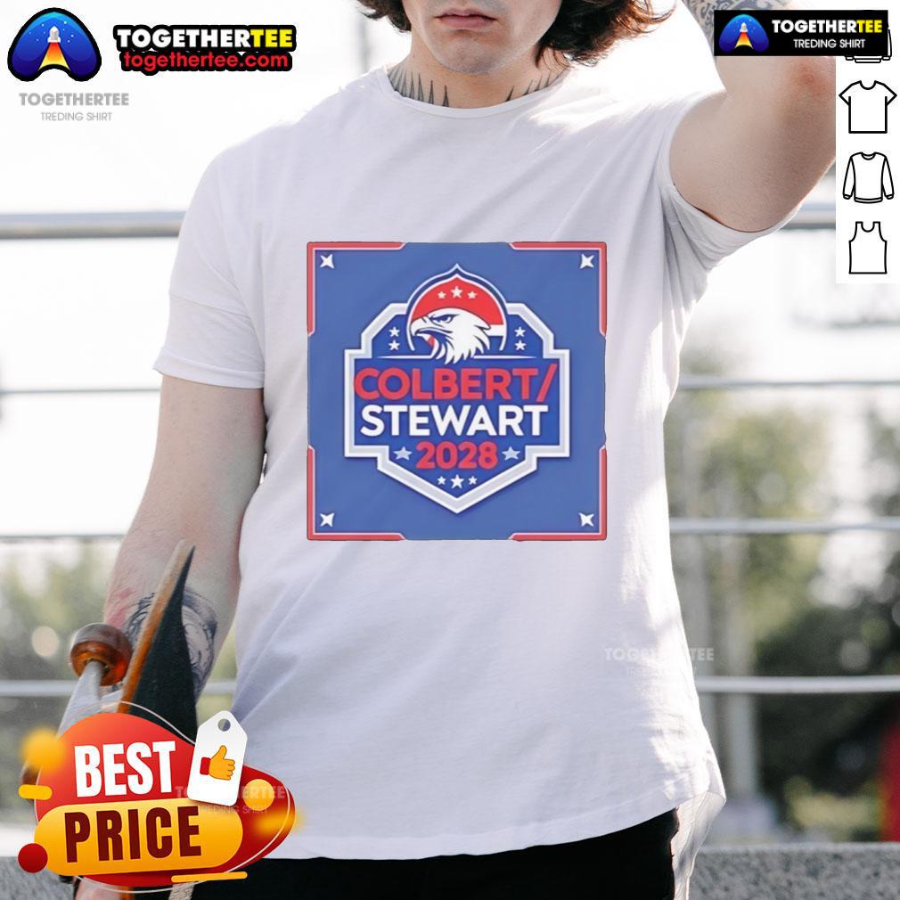 Alt Text: Good Colbert Stewart 2028 Logo T-Shirt featuring a bold design for fans of political humor and campaign merchandise.