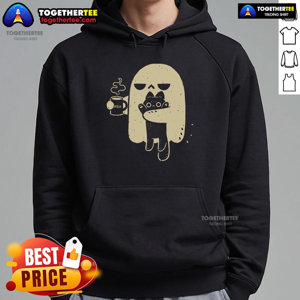 Good Ghost Meh Coffee hoodie design featuring a cat, perfect for cozy casual wear and Halloween vibes.
