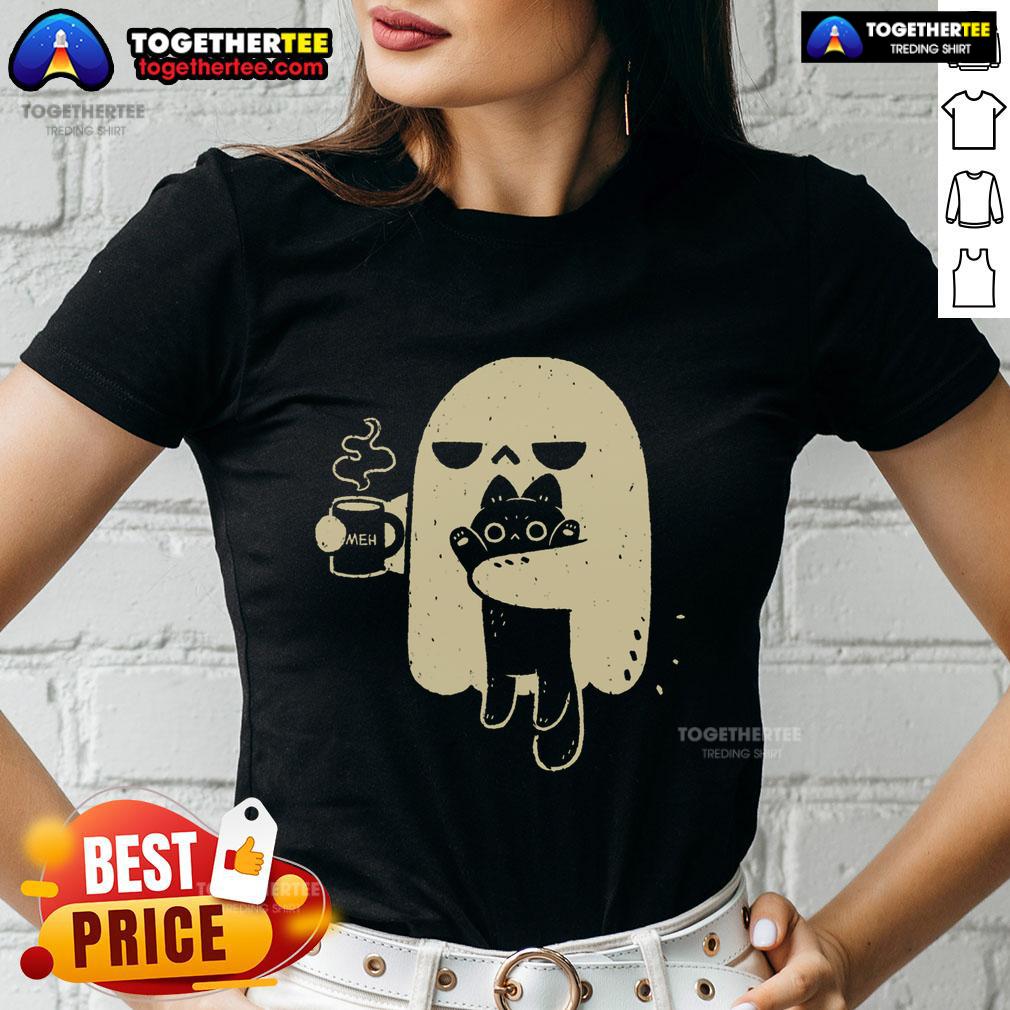 Good Ghost Meh Coffee tee featuring a woman holding a cat, perfect for cat ladies and coffee lovers.