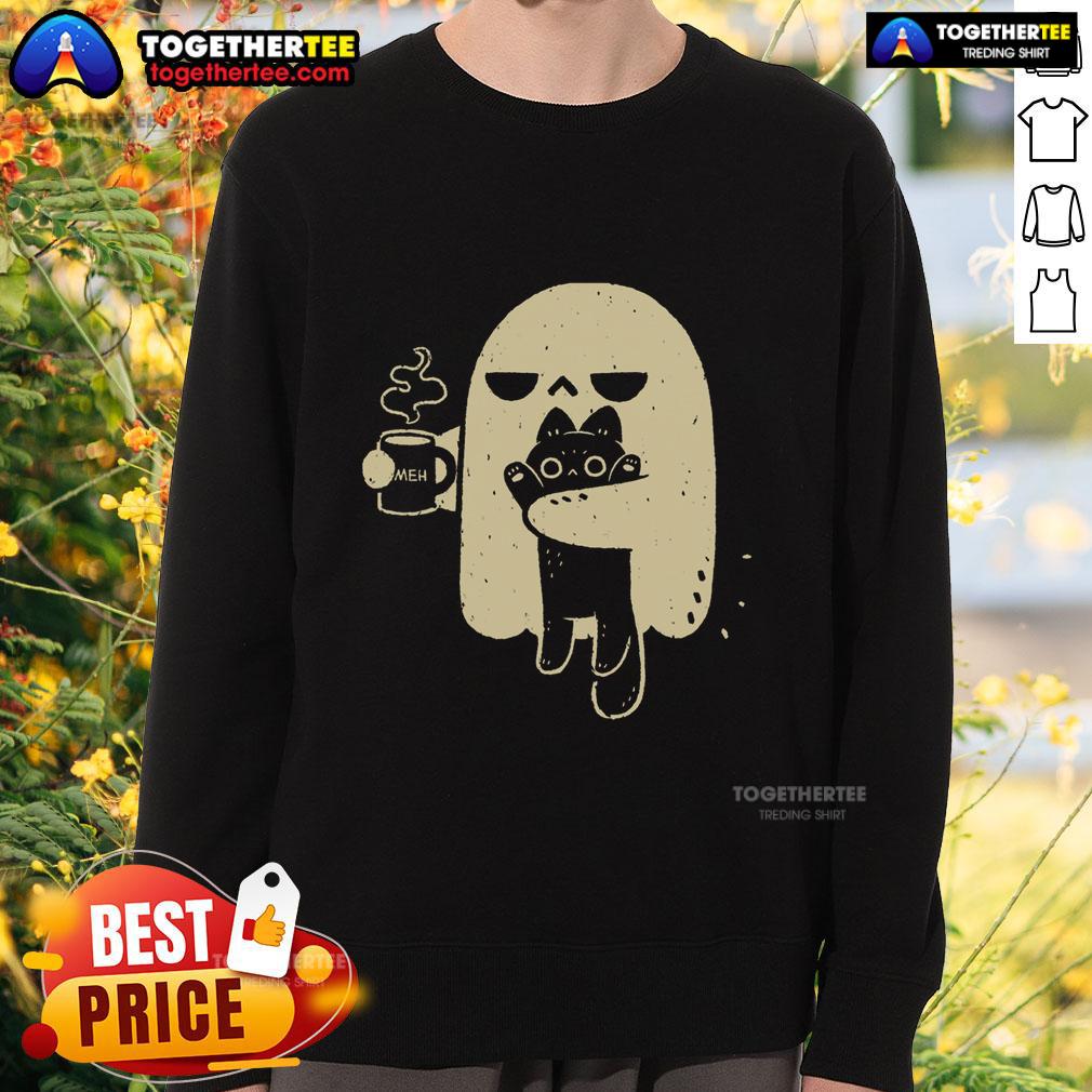 Good Ghost Meh Coffee sweatshirt featuring a person holding a cat, perfect for casual and cozy vibes.