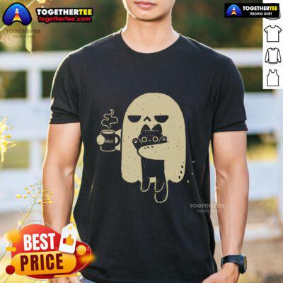 Good Ghost Meh Coffee T-Shirt featuring a cute cat design, perfect for coffee lovers and cat enthusiasts.