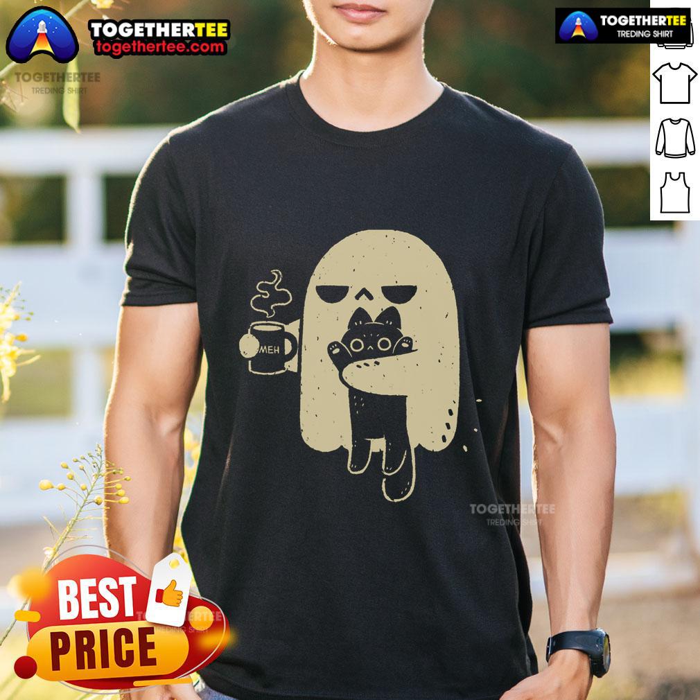 Good Ghost Meh Coffee T-Shirt featuring a cute cat design, perfect for coffee lovers and cat enthusiasts.