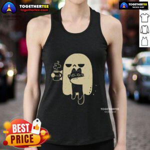 Good Ghost Meh coffee holding cat tank top featuring a fun graphic design and vibrant colors for cat lovers.