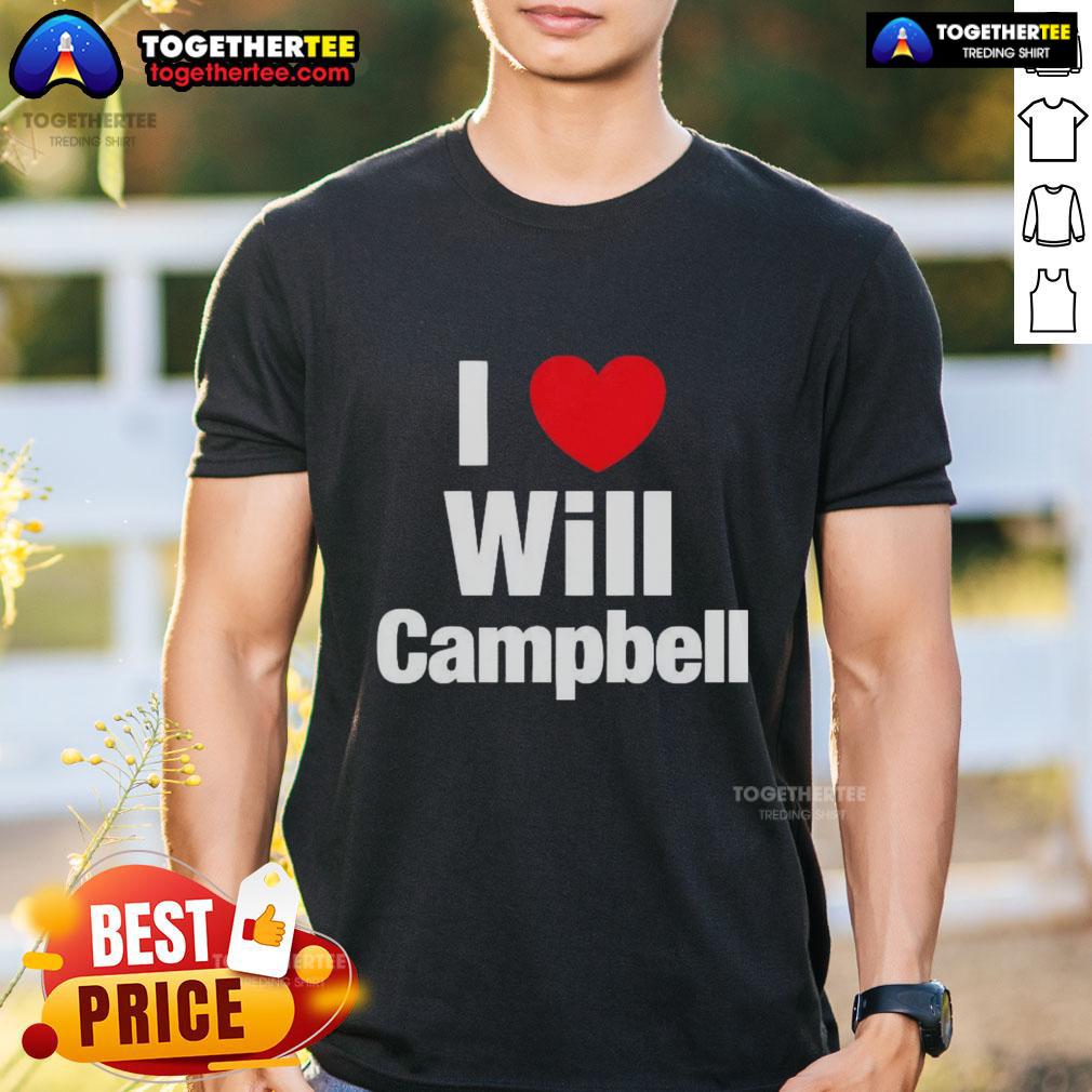 Alt Text: Good I Love Will Campbell New England Patriots football lover t-shirt design featuring team colors and logo.