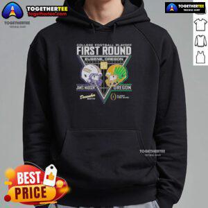 Good James Madison Dukes vs Oregon Ducks 2025 College Football Playoffs hoodie featuring team logos and vibrant colors.