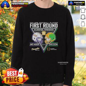 Good James Madison Dukes vs Oregon Ducks 2025 College Football Playoffs sweatshirt featuring team logos and vibrant colors.