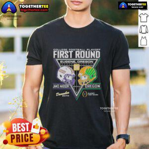 Good James Madison Dukes vs Oregon Ducks 2025 College Football Playoffs T-shirt showcasing team logos and playoff spirit.