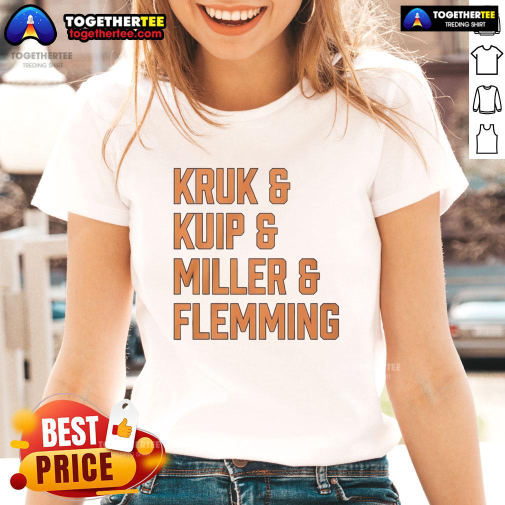 San Francisco Giants ladies tee featuring Good, Kruk, Kuip, Miller, and Flemming for stylish game day apparel.
