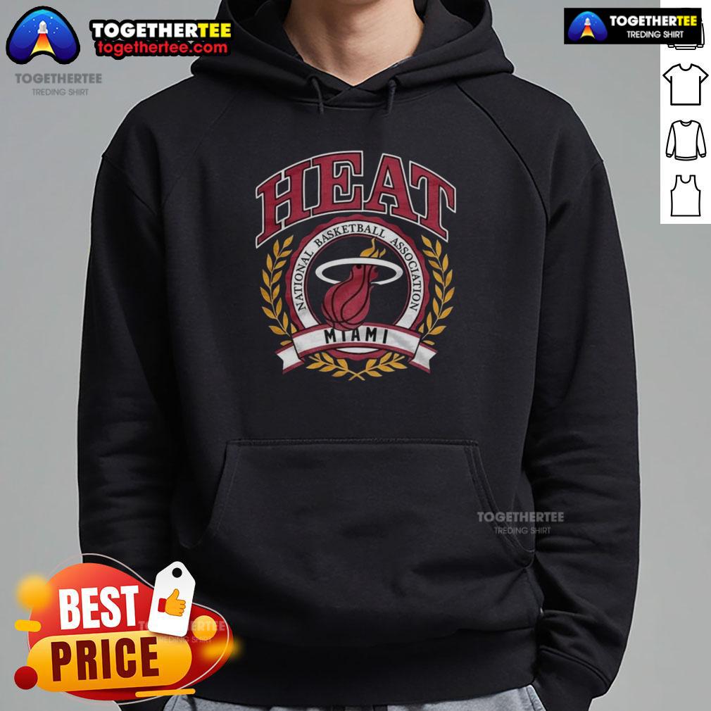 Alt Text: Retro hoodie featuring the Miami Heat National Basketball Association logo framed by a laurel wreath.