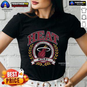 Retro Miami Heat NBA logo with laurel wreath frame on a ladies' tee, perfect for basketball fans.