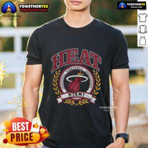 Retro Miami Heat NBA logo t-shirt with laurel wreath frame, perfect for basketball fans and sports apparel collectors.