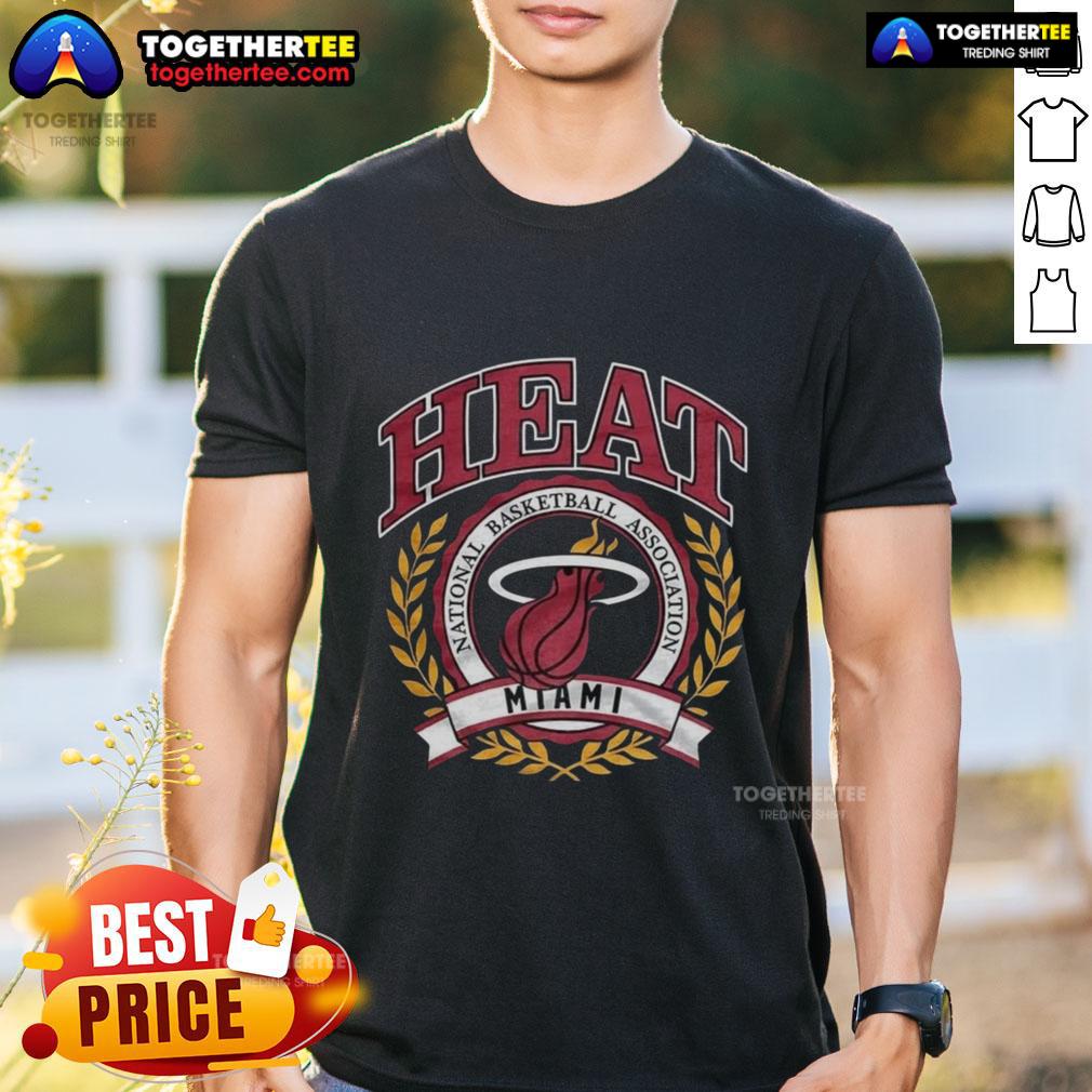 Retro Miami Heat NBA logo t-shirt with laurel wreath frame, perfect for basketball fans and sports apparel collectors.