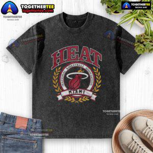 Retro washed t-shirt featuring the Miami Heat NBA logo framed by a laurel wreath, perfect for basketball fans.