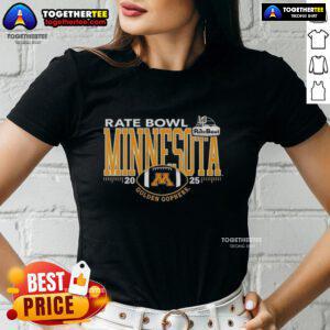 Alt Text: Ladies tee featuring the 2025 Rate Bowl logo for the Minnesota Golden Gophers, perfect for fans and game day attire.