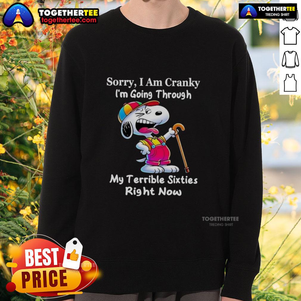 Good Snoopy sweatshirt saying 'Sorry, Im cranky, going through my terrible sixties' perfect for casual wear.