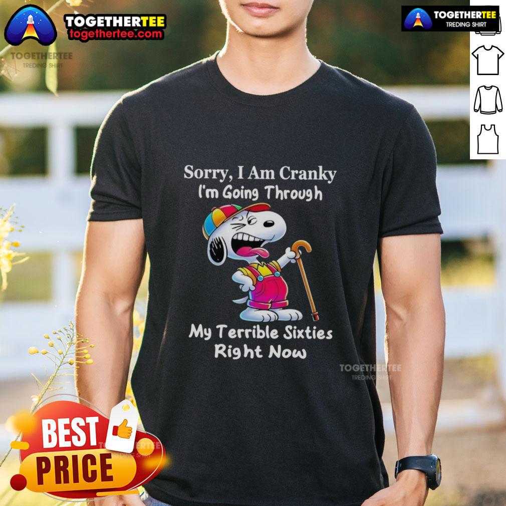 Good Snoopy 'Sorry I Am Cranky Im Going Through My Terrible Sixties' T-Shirt featuring playful cartoon design.