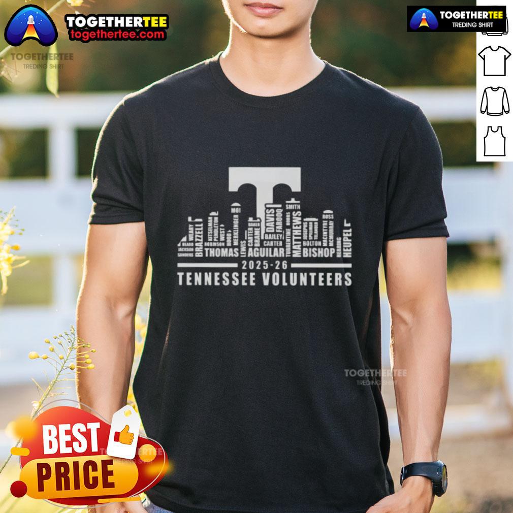 Good Tennessee Volunteers 2025-26 All Names City Skyline T-Shirt featuring vibrant design and team spirit.