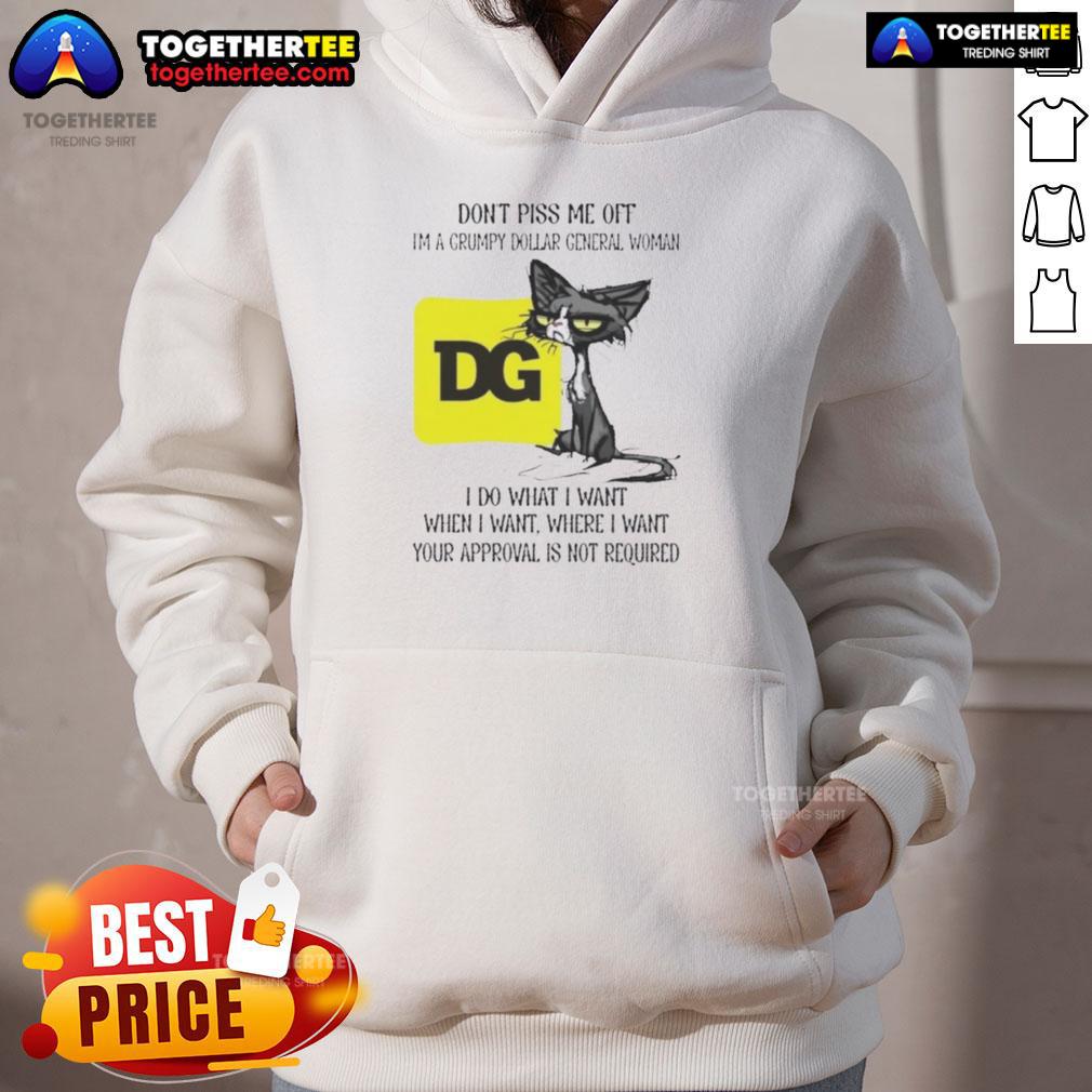 Grumpy cat wearing a hoodie with the phrase I'm a grumpy Dollar General woman, I do what I want showcasing a humorous vibe.