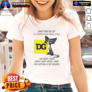 Grumpy cat wearing a tee that says I'm a Grumpy Dollar General Woman showcasing a humorous, tired expression.