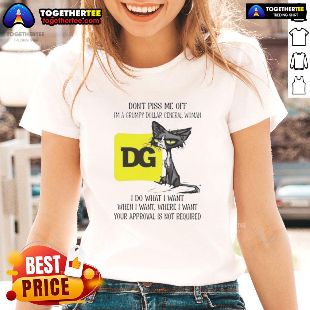 Grumpy cat wearing a tee that says I'm a Grumpy Dollar General Woman showcasing a humorous, tired expression.