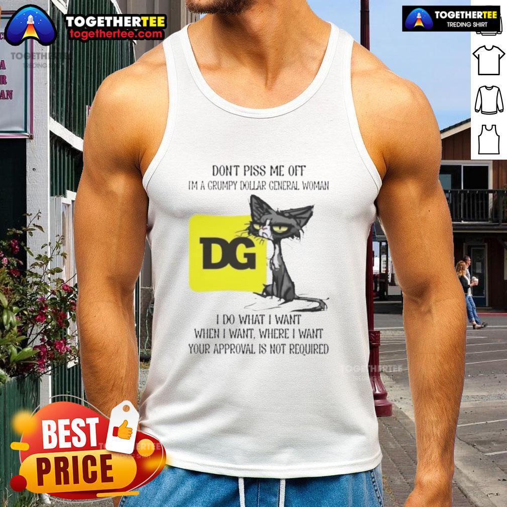 Grumpy woman wearing a tank top with a cat design, showcasing a fun attitude at Dollar General. Perfect for casual wear.