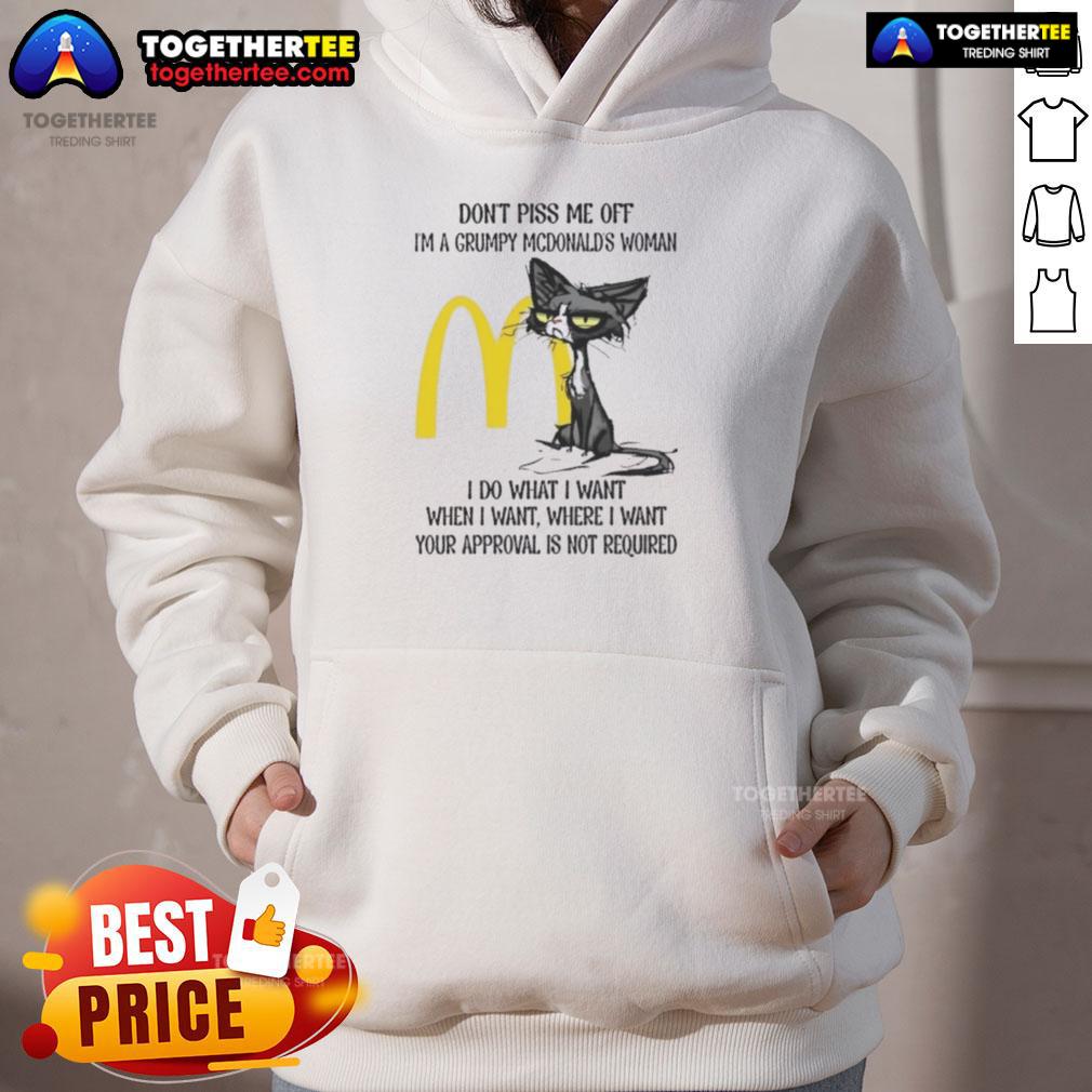 Grumpy woman in a hoodie with a cat, showcasing the 'Good-Tired-Cat' design, perfect for McDonald's fans.