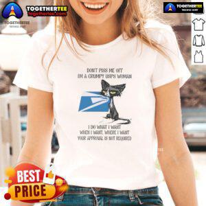 Grumpy USPS woman wearing a 'Good Tired Cat' tee, showcasing a humorous attitude and unique style for cat lovers.