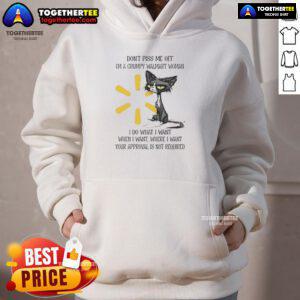 Grumpy woman in a hoodie with a cat, showcasing the 'Good Tired Cat' design, perfect for Walmart shoppers.