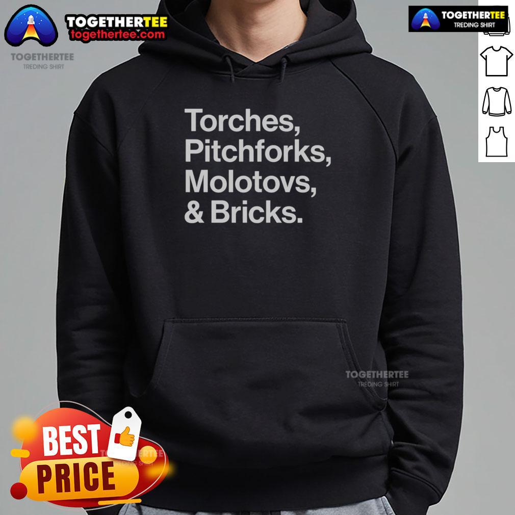 Good Torches Pitchforks Molotovs and Bricks 2025 World Tour hoodie featuring bold graphic design and vibrant colors.