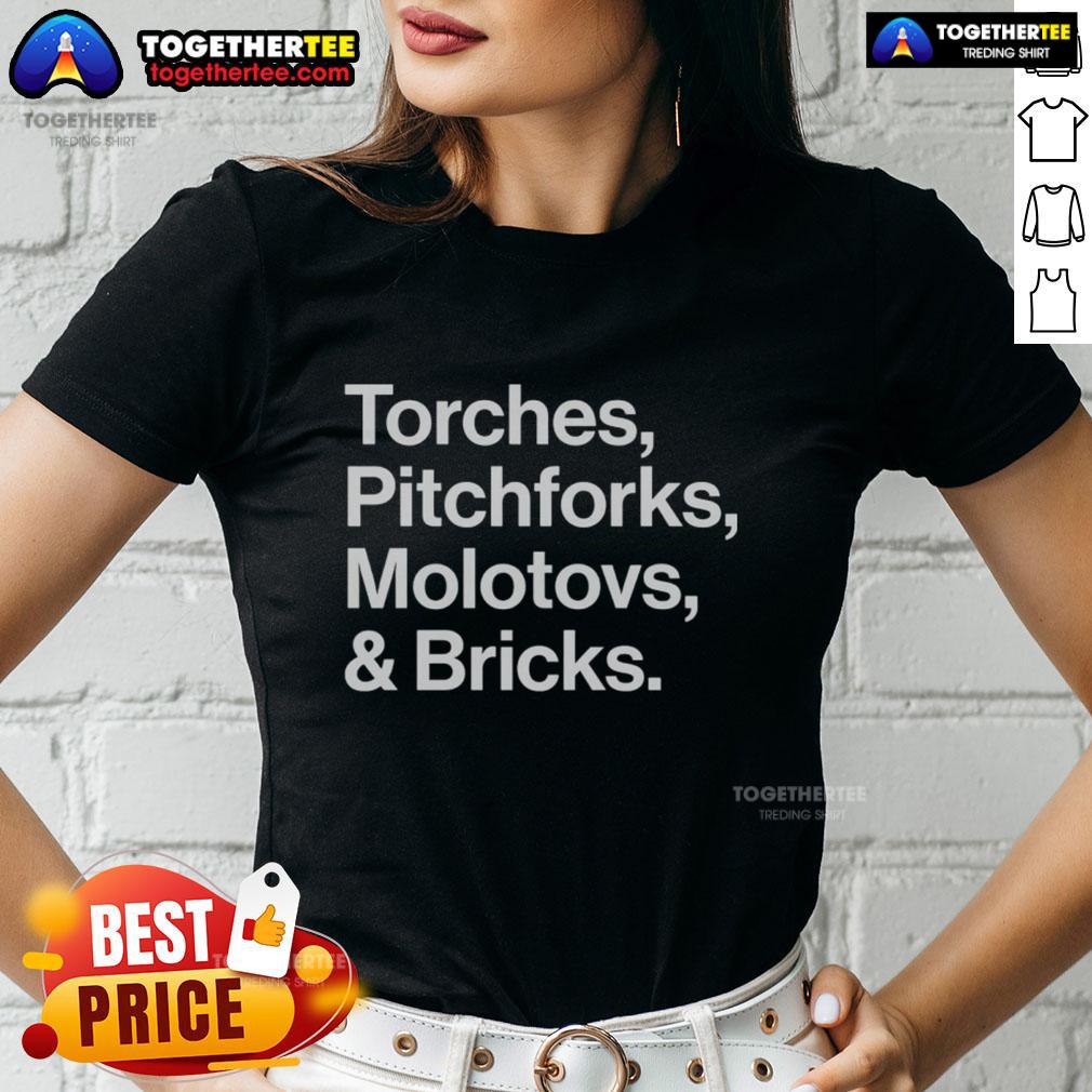 Good Torches Pitchforks Molotovs And Bricks 2025 World Tour Ladies Tee featuring bold graphic design and vibrant colors.