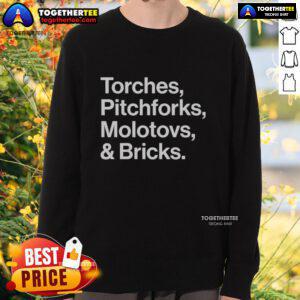 Good Torches Pitchforks Molotovs and Bricks 2025 World Tour sweatshirt featuring bold graphics and vibrant colors.