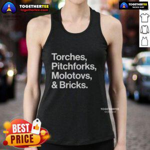 Good Torches Pitchforks Molotovs and Bricks 2025 World Tour tank top featuring bold graphic design and vibrant colors.