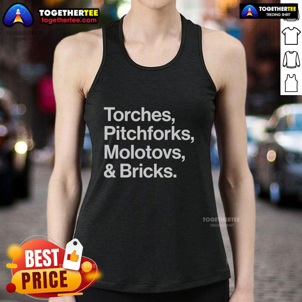 Good Torches Pitchforks Molotovs and Bricks 2025 World Tour tank top featuring bold graphic design and vibrant colors.