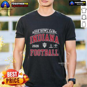 Alt Text: Happy Indiana Hoosiers CFP Quarterfinal at the Rose Bowl Game 2026 T-Shirt celebrating college football excitement.
