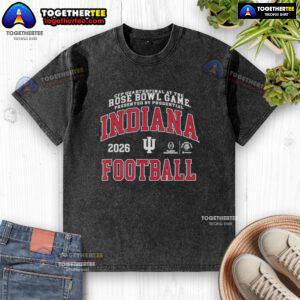 Happy fans wearing Indiana Hoosiers washed t-shirts celebrate at the 2026 CFP Quarterfinals at the Rose Bowl.