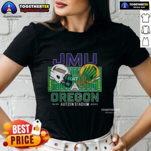 Happy James Madison Dukes vs Oregon Ducks NCAA CFP 2025 Autzen Field helmet on a ladies tee shirt design.