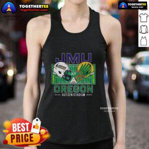 Happy fan wearing a James Madison Dukes vs Oregon Ducks tank top at NCAA CFP 2025 game in Autzen Field.